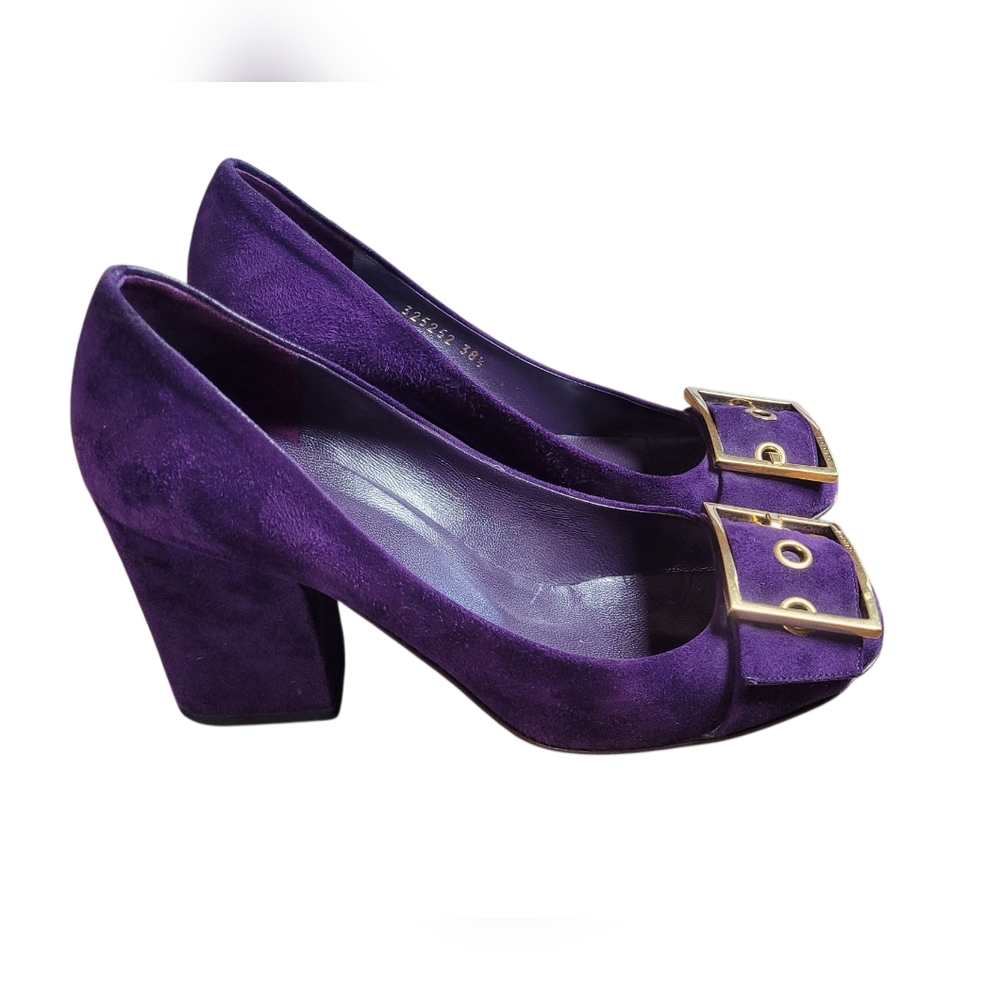 Gucci Purple Suede Block Heels with Gold Accent Kesha